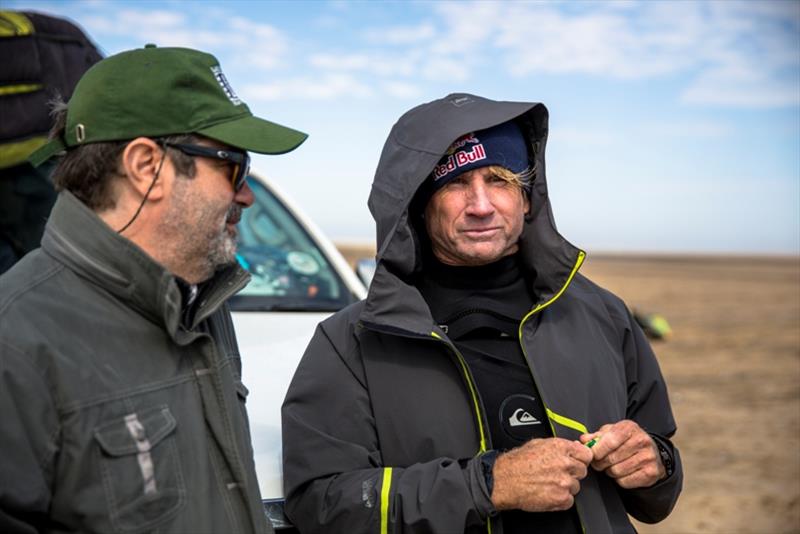 Robbie Naish and Joe Berlinger talking behind the scenes on beach at Skeleton Bay, Namibia on May 07, 2017 photo copyright Alan van Gysen taken at 