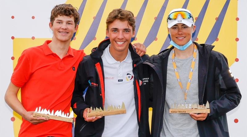 The beaming winners of the international class ILCA 6 (male): Ole Schweckendiek from Kiel (centre) with runners-up Jonas M. Mager from Hamburg (left) and Erik Norlén from Norway. - photo © ChristianBeeck.de