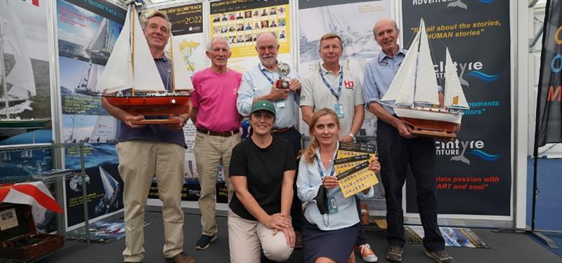 Les Sables d'Olonne and the Golden Globe Race held a media briefing on their stand at the Southampton Boat Show, (back row left to right) Simon Curwen, Robin Davie, Don McIntyre, Ian Herbert Jones, David Scott Cowper, (front) Arzu and Aïda Valceanu photo copyright Rob Havill taken at 