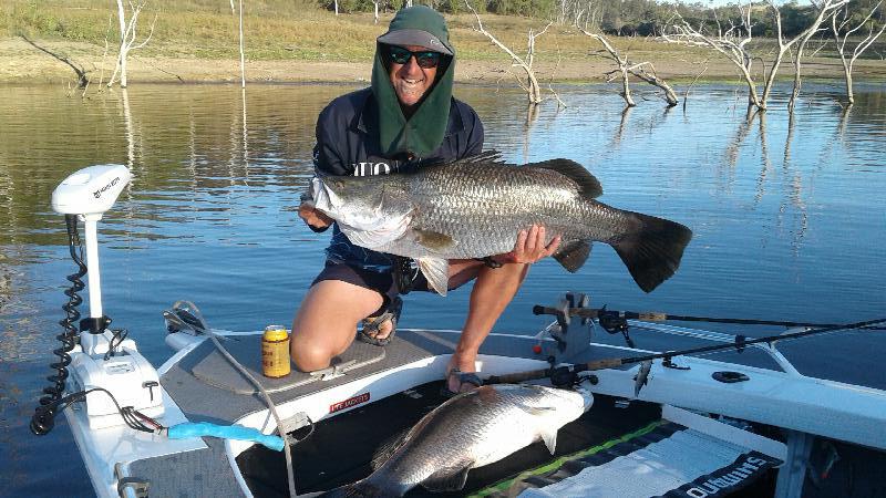 Lake Monduran is coming back to its former glory, with 90cm to meter plus fish becoming a common capture. Local barra angler displaying an EPIC double hook up from a great session on the lake photo copyright Fisho's Tackle World taken at 