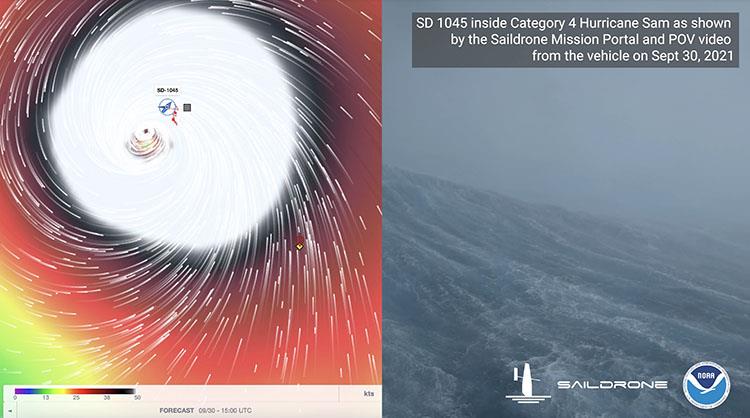 Split-screen view of SD 1045's onboard video camera and the Saildrone Mission Portal as it approaches the eye of the storm photo copyright Saildrone taken at 