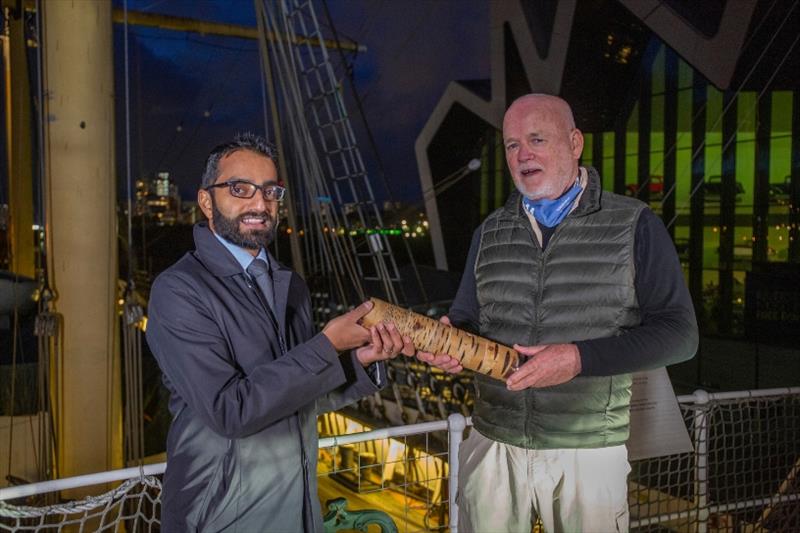 Race4Nature - Baton Relay - COP 26 UN Special Envoy for the Oceans, Peter Thomson, and Vel Gnanendran, Director for Climate and Environment, Foreign Commonwealth and Development Office, with the Relay4Nature Baton onboard the Tall Ship Glenlee. - photo © Marc Turner / The Ocean Race