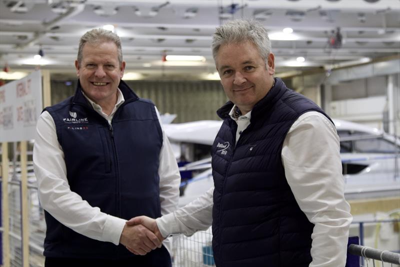 (L – R): James Powell, Sales Director Fairline Yachts with James Barke, Managing Director Boats.co.uk photo copyright Neil Foster taken at 