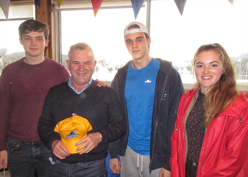 Willie the Cadet Hero, presented with the most appropriate gold medal (cap!) with then Cadet Captains (l to r) Hamish Williams, Huw Williams and Philippa Howie photo copyright John Sproat taken at Solway Yacht Club