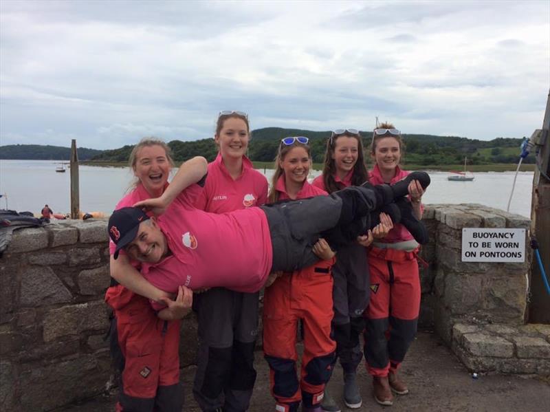 Willie Patterson, hoisted aloft by the Hunca Hunnies (l-r) Joanna Barrie, Caitlin Ross, Pip Benson (skipper), Rebecca Coles and Kellie Carmichael - photo © Janet Rogerson