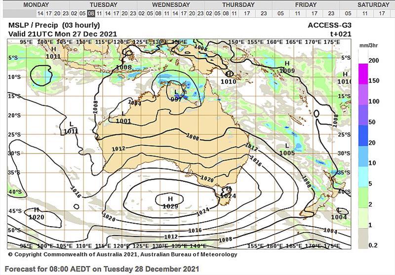 Mean Sea Level Pressure chart for 0800hrs AEDT, 28/12/21 - massive high, super wide isobars, no real wind to speak of... just local stuff to weave your way through photo copyright Australian Bureau of Meteorology taken at Cruising Yacht Club of Australia