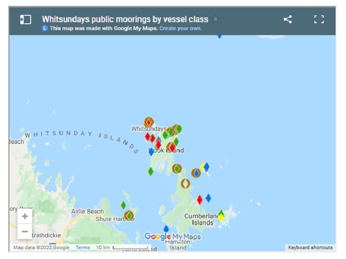 Whitsundays public moorings by vessel class photo copyright Google Maps taken at 