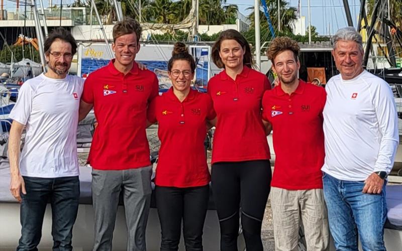 470 squad with Toni Otero, Cyril Schüpbach, Linda Fahrni, Maja Siegenthaler, Yves Mermod and Toni Ripoll national 470 coach photo copyright Swiss Sailing Team taken at 
