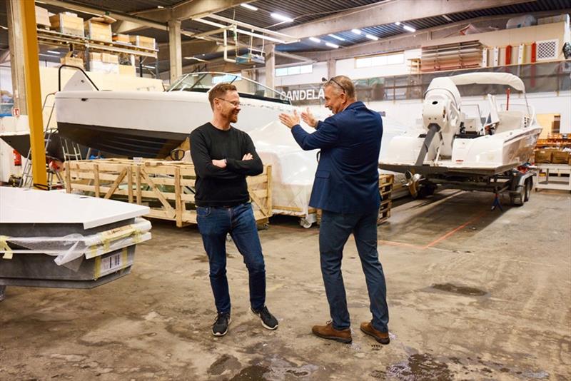 Candela's CEO Gustav Hasselskog and Agapi CEO Peder Asplund at the Candela factory floor photo copyright Lennart Skoqvist taken at 