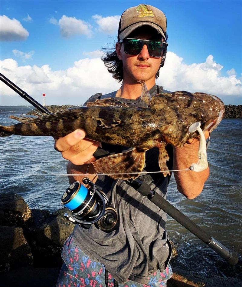 Fringe eye flathead aren't a super common catch but turn up from time to time around the rocks and reef photo copyright Fisho's Tackle World taken at 