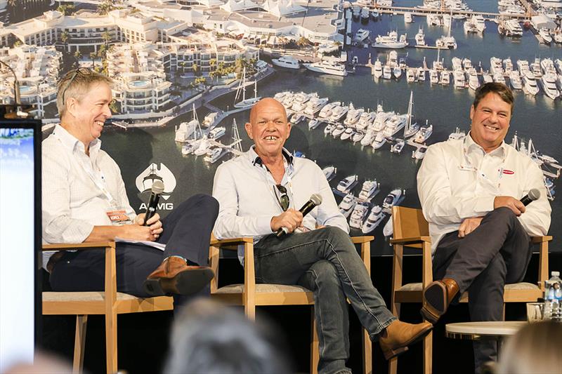 L-R: Kane Bygrave, Director, Aurora Global Logistics; Grant Amor, Director, Aqualuma LED Lighting; Peter Dowdney, Australian Sales Manager, Ronstan as panellists at ASMEX 2021. - photo © Sheree Burke