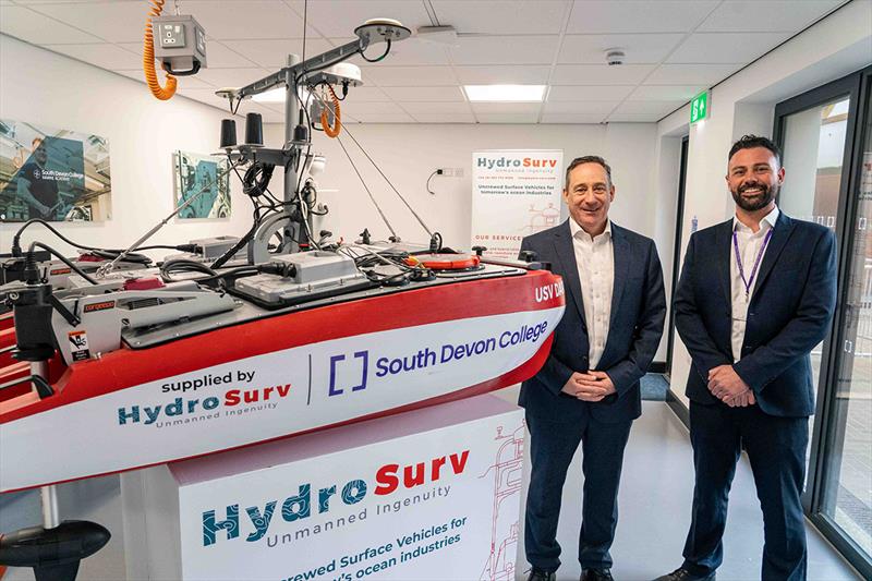 Adrian Bevan, South Devon College and Pete Bradshaw, MD of Premier Marinas, with the Marine Academy's autonomous vessel, supplied by Hydrosurv photo copyright South Devon College taken at 