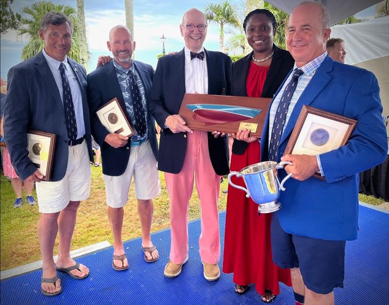 Dudley Johnson (center) and crew receive the Carleton Mitchell Finisterre Trophy photo copyright Trixie Wadson taken at Royal Bermuda Yacht Club