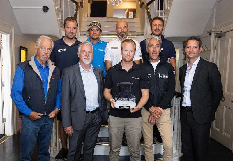 Martin Thomas, Commodore of the Royal London Yacht Club, Gary Hall, CEO of Cowes Harbour Commission to the left of Episode 3 winner Quentin Vlamynck, skpper of Arkema photo copyright Lloyd Images / Pro Sailing Tour taken at 