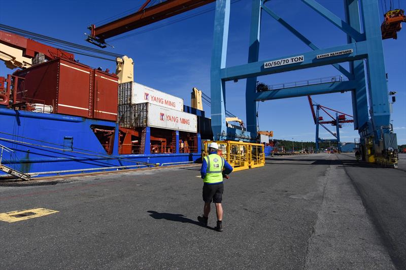 GAC Pindar unloading race containers at the Port of Gothenburg during the Volvo Ocean Race 2017-18. Container count will be reduced for the next edition of the Ocean Race in order to limit greenhouse gas emissions photo copyright GAC Pindar / James Tomlinson taken at 