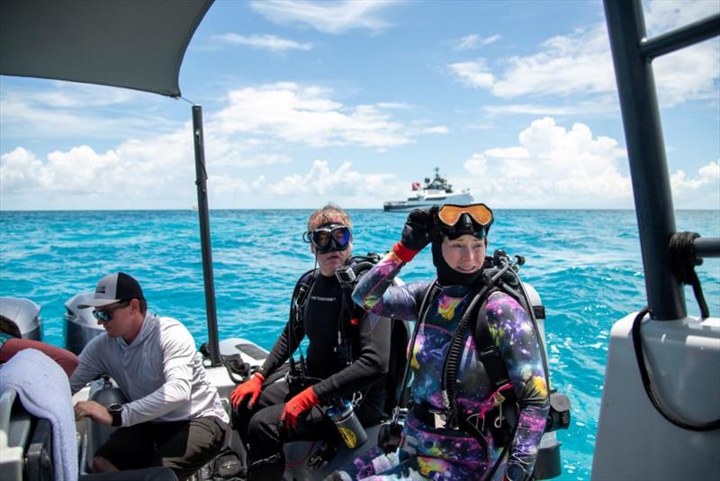 Gigi Allen prepares to dive with the Yacht Support 5009 AXIS in the background photo copyright Damen Yachting taken at 