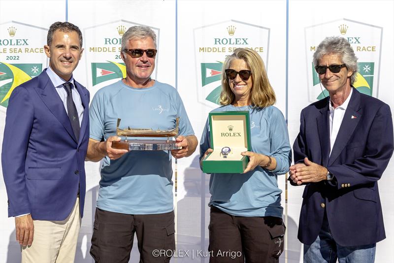 Malcolm R. Lowell of Edwards, Lowell with the Rolex Middle Sea Race monohull line honours winner, Joost Schultz and Laura de Vere of Leopard 3, and David Cremona, Commodore of the Royal Malta Yacht Club - photo © Kurt Arrigo / Rolex