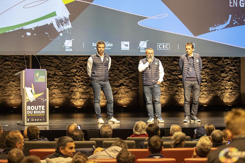 Joseph Bizard (left), Francis Le Goff, Hervé Favre during today's postponment announcement - La Route du Rhum-Destination Guadeloupe - photo © Alexis Courcoux