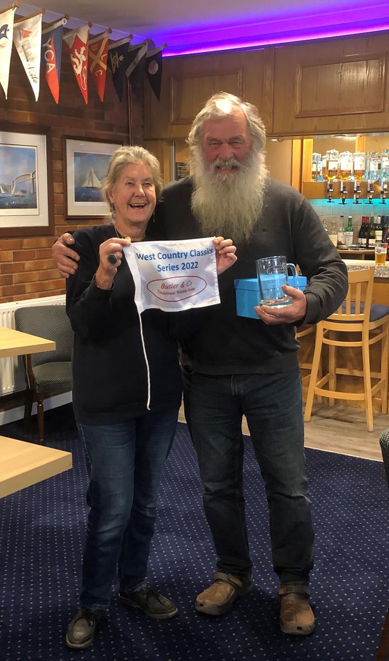 Peter Lucas, owner of “Cynthia”, the 1910 Gaff Cutter built in Falmouth, receives first prize in the 2022 West Country Classic Series from Kaye Price, Falmouth Classics' Race Officer photo copyright Bruce Thorogood taken at Saltash Sailing Club