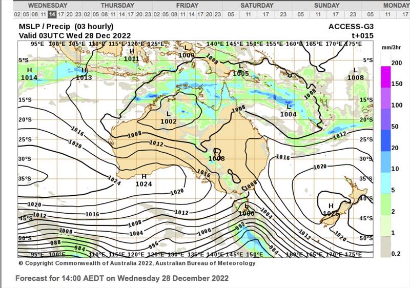 Mean Sea Level pressure chart for 1400hrs AEDT December 28, 2022 - photo © BOM