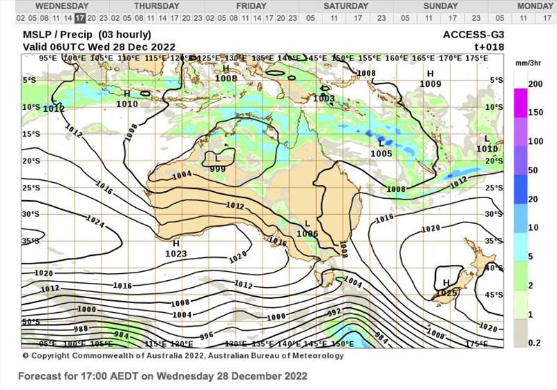 Mean Sea Level pressure chart for 1700hrs AEDT December 28, 2022 - photo © BOM