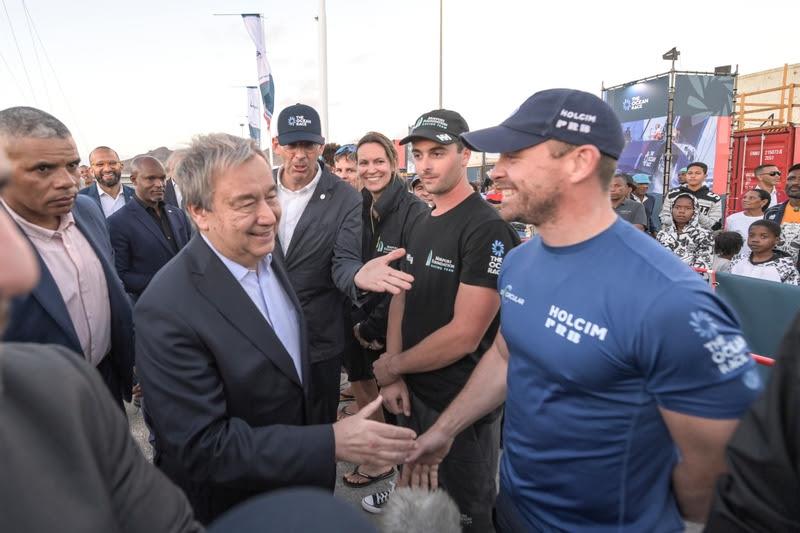 21 January 2023, SGNU Dr. Antonio Guterres and The Ocean Race Chairman Richard Brisius greet Kevin Escoffier, skipper of IMOCA Holcim - PRB Team, Leg 1 winners photo copyright Sailing Energy / The Ocean Race taken at 