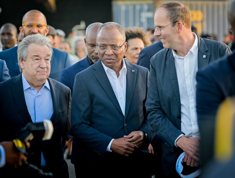 21 January 2023, SGNU Dr. Antonio Guterres visits the Ocean Live Park with Prime Minister Ulisses Correia e Silva and The Ocean Race Chairman Richard Brisius photo copyright Sailing Energy / The Ocean Race taken at 