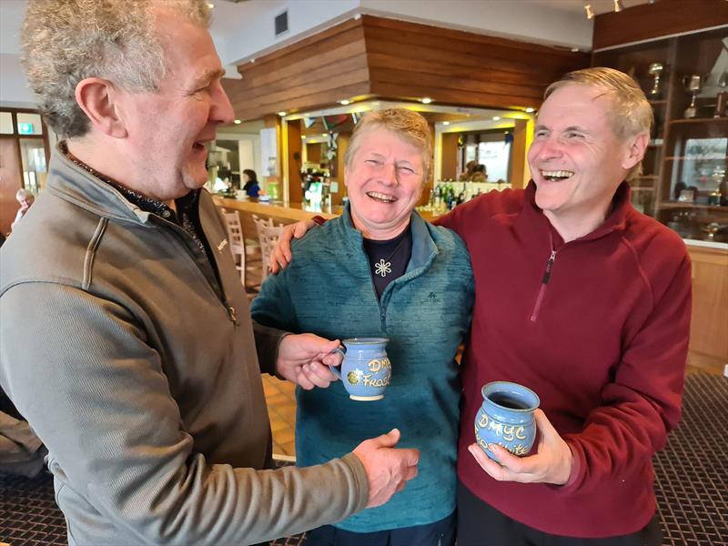 Monia Schaeffer & Charlie Dunn receive their Frostbite Mug from Neil Colin (L) for Sunday 5th February - Viking Marine DMYC Frostbite Series 2 day 7 photo copyright Frank Miller taken at Dun Laoghaire Motor Yacht Club