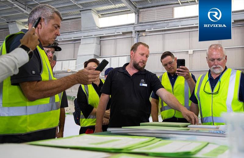 Recording a demonstration of various core and GRP materials that make Riviera yachts so strong and robust - photo © Riviera Australia