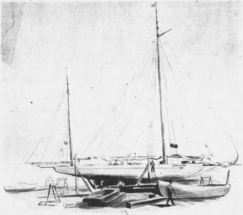 The 60-foot schooner MOLLILOU, 2nd-placed finisher among 6 entries in the 1928 Transpac, being re-fitted in Sausalito. This `artist's sketch` is from a story published in the October 1, 1950 edition of the Santa Rosa Press Democrat - photo © Transpacific Yacht Club