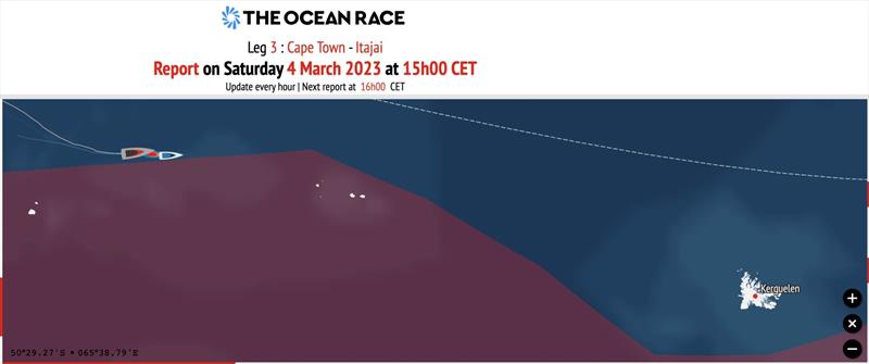 Image of the race tracker at 14:00 UTC showing the line of the ice limit - photo © Team Malizia