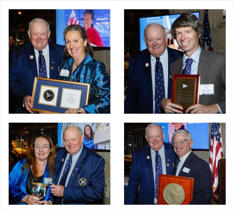 Clockwise from upper left, CCA Commodore Chris Otorowski congratulates Barbara Watson (Richard S. Nye Trophy), Seth Leonard (Royal Cruising Club Trophy), David Tunick (Far Horizons Award), and Mary Crowley (Diana Russell Award) - photo © Dan Nerney