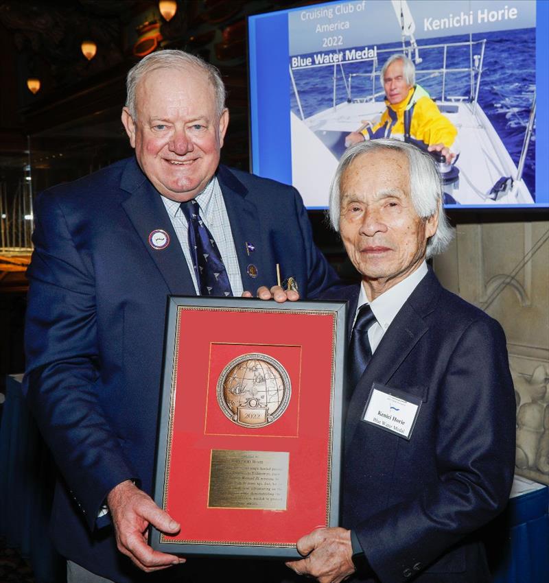 Kenichi Horie, 84, receives the prestigious Blue Water Medal from CCA Commodore Chris Otorowski photo copyright Dan Nerney taken at Cruising Club of America