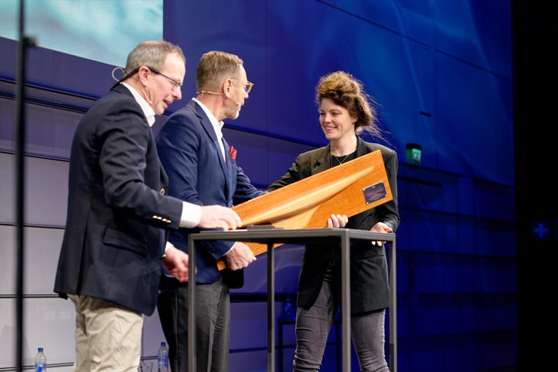 John Lammerts van Bueren and Kim Weckström presenting the award to Evelyn Ansel, curator of the Herreshoff Marine Museum/Americas cup hall of fame - photo © Erik Lahteenmaki