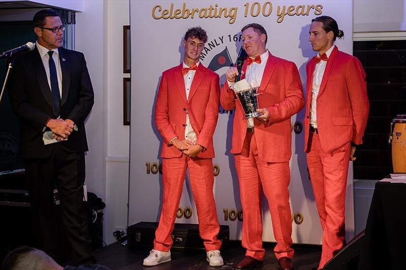 Club President Rolf Cohen with Tyler Dransfield, Chris Williams and Jackson Cranfield photo copyright Third Wheelin' Co. taken at Manly 16ft Skiff Sailing Club