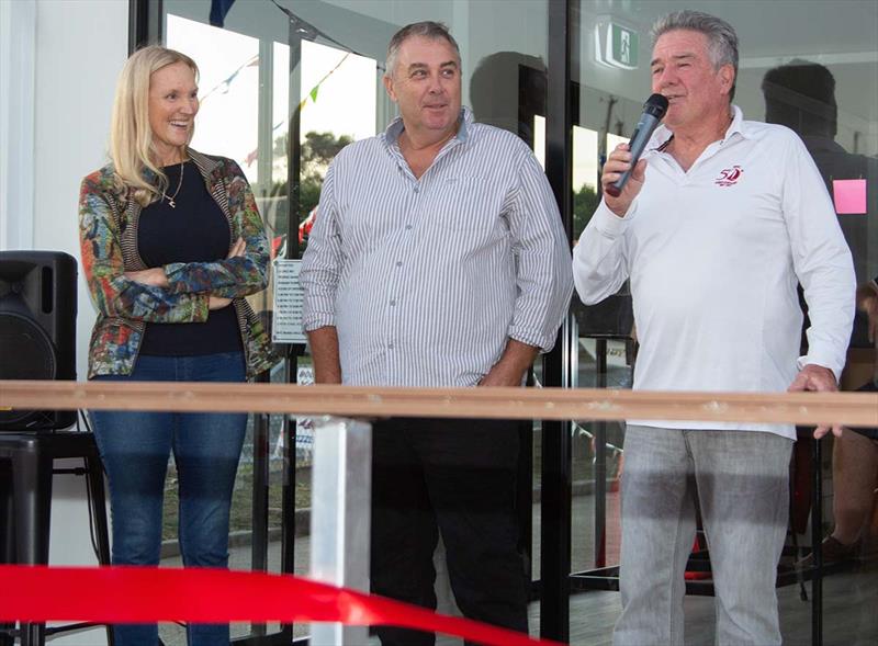 Mooloolaba Yacht Club members and single-handed sailing record holders Margaret Williams, Bruce Arms with MC Robert Stevenson at the opening of the new clubhouse photo copyright Mark Dowsett taken at Mooloolaba Yacht Club
