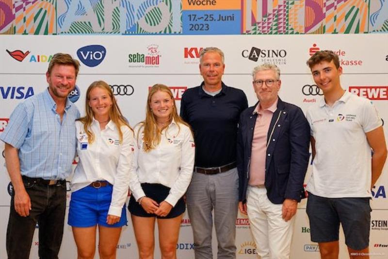 Press conference Kiel Week 2023, f.l. Andreas Kling, Marla Bergmann, Hanna Wille, Dirk Ramhorst, Michael Berghorn and Ole Schweckendiek - photo © Christian Beeck