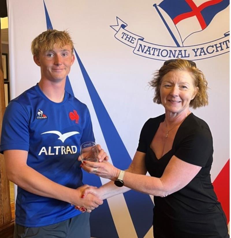 Bretzel Bakery MD Dymphna O'Brien presents Alexander Trickett (National YC) with the prize for 1st Junior, Irish RS Aero Nationals 2023 photo copyright Stephen Oram taken at National Yacht Club, Ireland