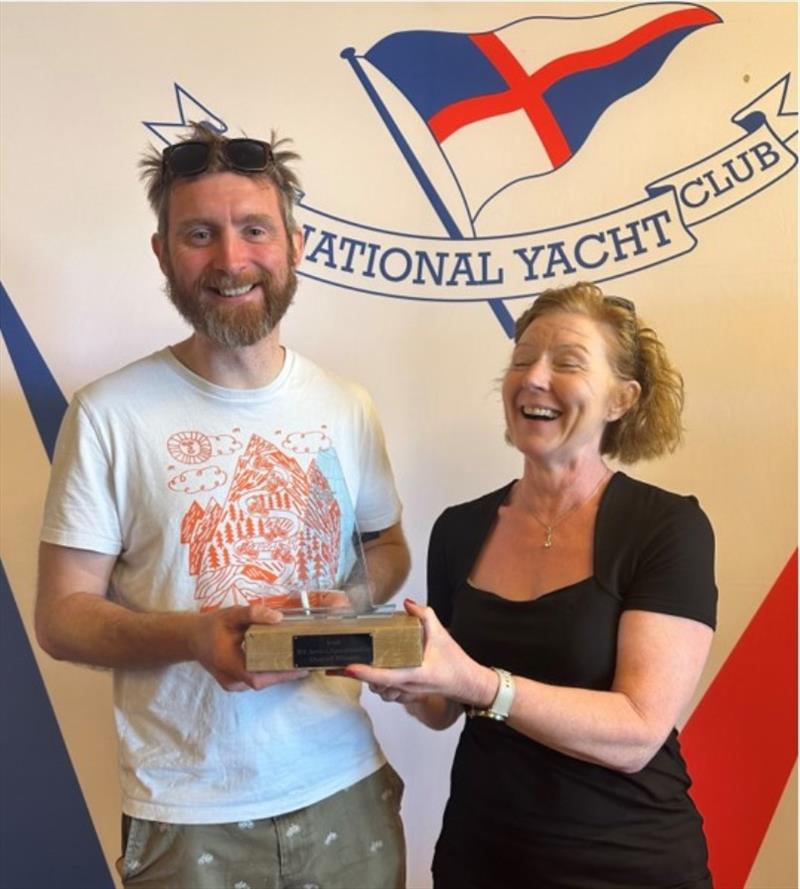 Bretzel Bakery MD Dymphna O'Brien presents Paul McMahon (HYC) with Irish RS Aero National Championship Trophy and Irish Sailing gold medal, Irish RS Aero Nationals 2023 photo copyright Noel Butler taken at National Yacht Club, Ireland