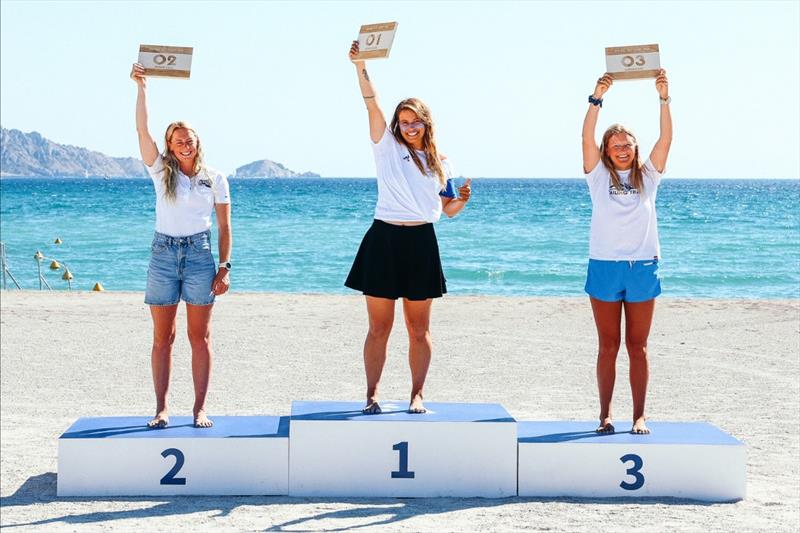 Daniela Moroz smiles in the bronze position at the Paris 2024 Test Event alongside winner Lauriane Nolot (France) and Ellie Aldridge (GBR) photo copyright Sailing Energy taken at 