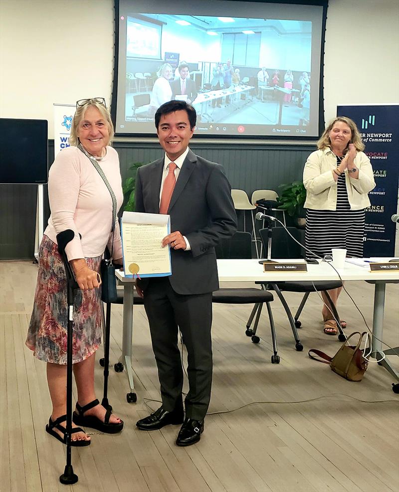 Betsy Alison recieving her proclamation for Betsy Alison Day from City of Newport Mayor Khamsyvoravong and Council photo copyright Clagett Sailing taken at 