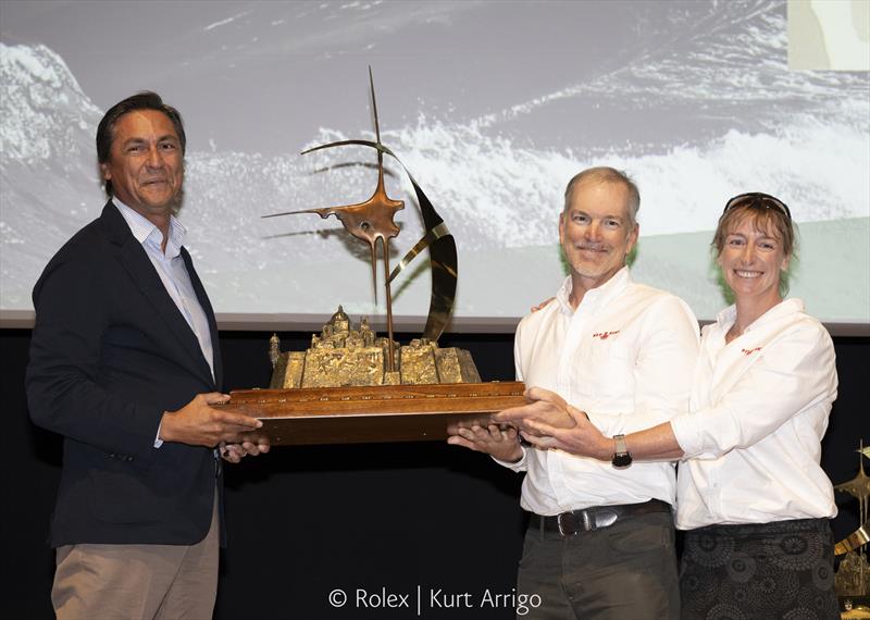 Andrea Recordati, Bullitt, shares a moment with the Rolex Middle Sea Race Trophy with Justin and Christina Wolfe, Red Ruby photo copyright Rolex / Kurt Arrigo taken at Royal Malta Yacht Club