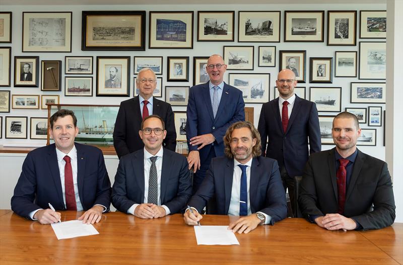 Top: Bernard Meyer (MD Meyer Werft), Bas Ort (Board Member C-Job), Paul Meyer (CIO Meyer Werft). Bottom: Malte Poelmann (CTO Meyer Werft), Job Volwater (CEO C-Job), Basjan Faber (Co-Founder & CFO C-Job), Bastian Witt (Head of Machinery Design Meyer Werft) photo copyright C-Job Naval Architects taken at 