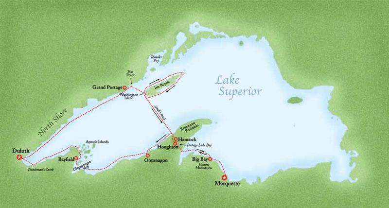 Leaving Marquette, Abbie expedition followed shorelines of Lake Superior, reaching climax with 8-day circumnavigation of Isle Royal archipelago. A tow from a steamer thence to Keweenaw Peninsula hastened return and spared crew a long open-water crossing photo copyright Map by WoodenBoat Magazine taken at 