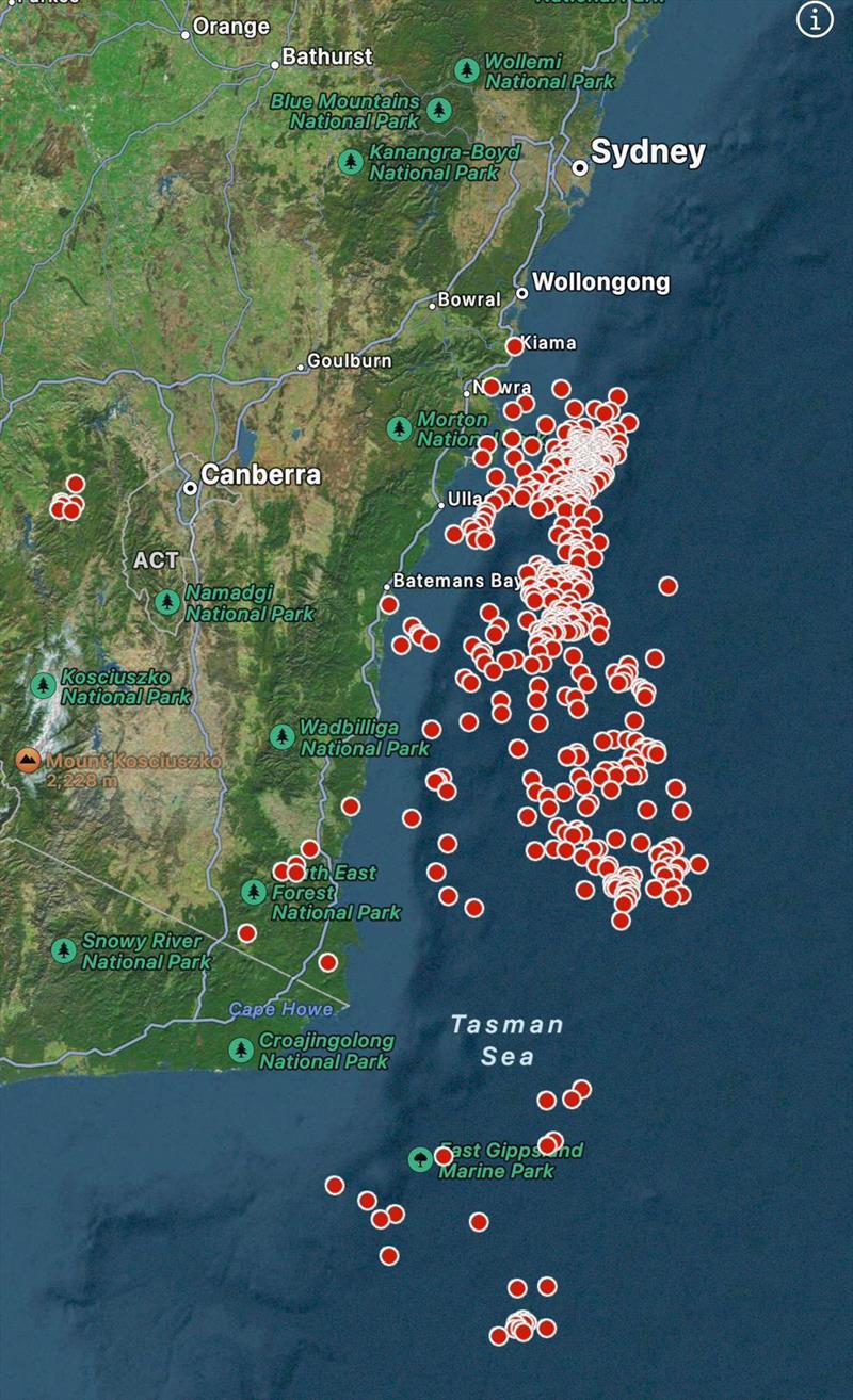 Lightening strikes recorded around the time of URM trying to contact JBW (relay vessel). They onyl stay on the screen for 15 minutes, so it shows you the array of the light show going on right now - photo © John Curnow