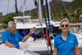 Principal Race Officer Mark Townsend and Head of the Jury Josje Hofland demonstrate proper protest protocols onboard a race committee boat