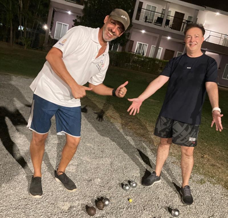 F18 sailors show how to score 3 points in one heat of Pétanque photo copyright Morten Jakobsen taken at Royal Varuna Yacht Club