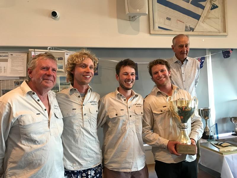 The crew of Ireland Girl was awarded the Corinthian trophy for the Etchells Victorian Championship 2024. Pictured are Nigel Abbott, Jack Felsenthal, James McLennan and Jack Abbott, with Geoff Henke - photo © Jeanette Severs