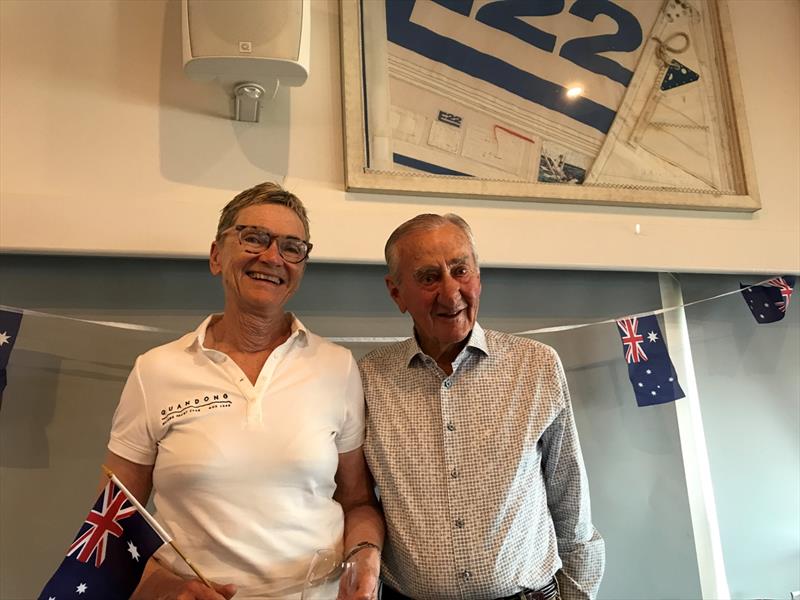 Niesje Hees, Commodore of Royal Brighton Yacht Club and skipper of Quandong, with Geoff Henke. Hees was awarded the First Female Helm, of the Etchells Victorian Championship 2024 - photo © Jeanette Severs