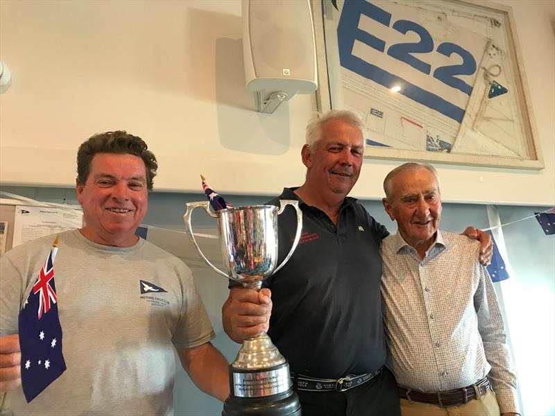Rob Conn and Jeff Rose (skipper) of Elusive were awarded the Grand Masters Division trophy at the Etchells Victorian Championship 2024. They are with Geoff Henke, who presented the trophies for the championship - photo © Jeanette Severs